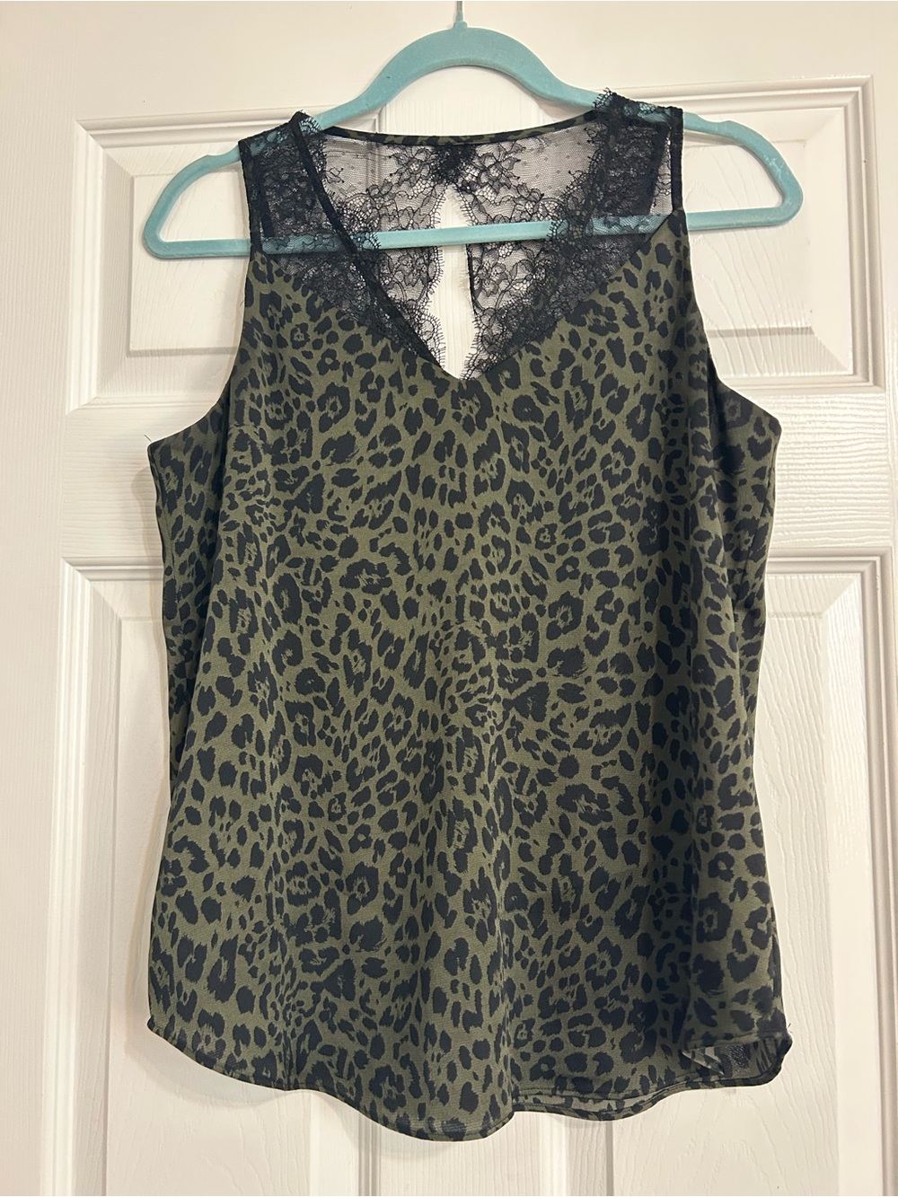 Express Olive Green Leopard Print Lace-Trim Cami